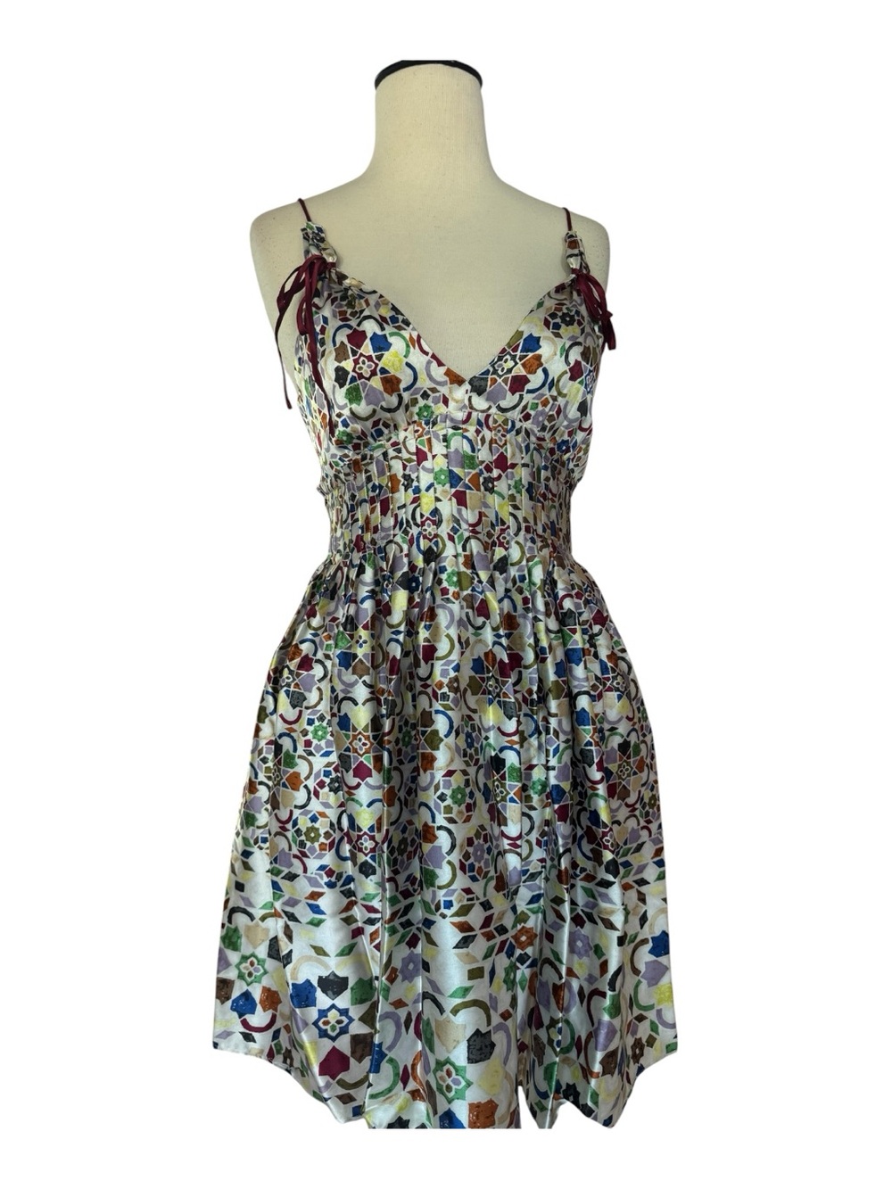 LaRok Multicolored Silk V-Neck Mini Dress Geometric Print Women’s XS Boho Luxe